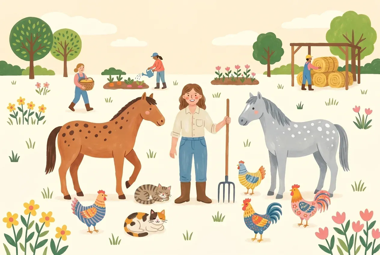 Vrijwilligers aan het werk tussen de paarden, poezen, kippen en hanen